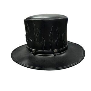 Steam Punk Faux Black Leather Top Hat With Flame Design